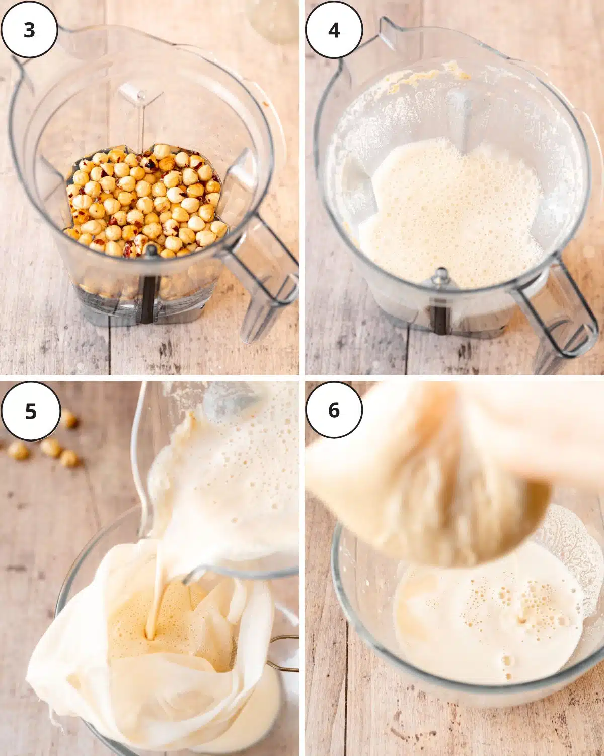 making hazelnut milk in a blender and straining it through a nut milk bag.