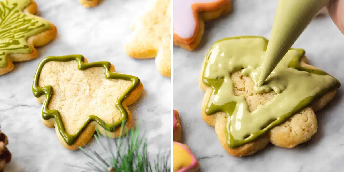 decorating a christmas tree cookies with green royal icing.