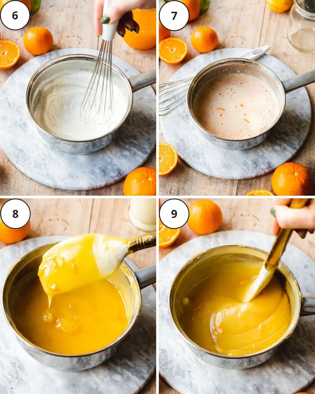 orange curd in a saucepan with a spatula.