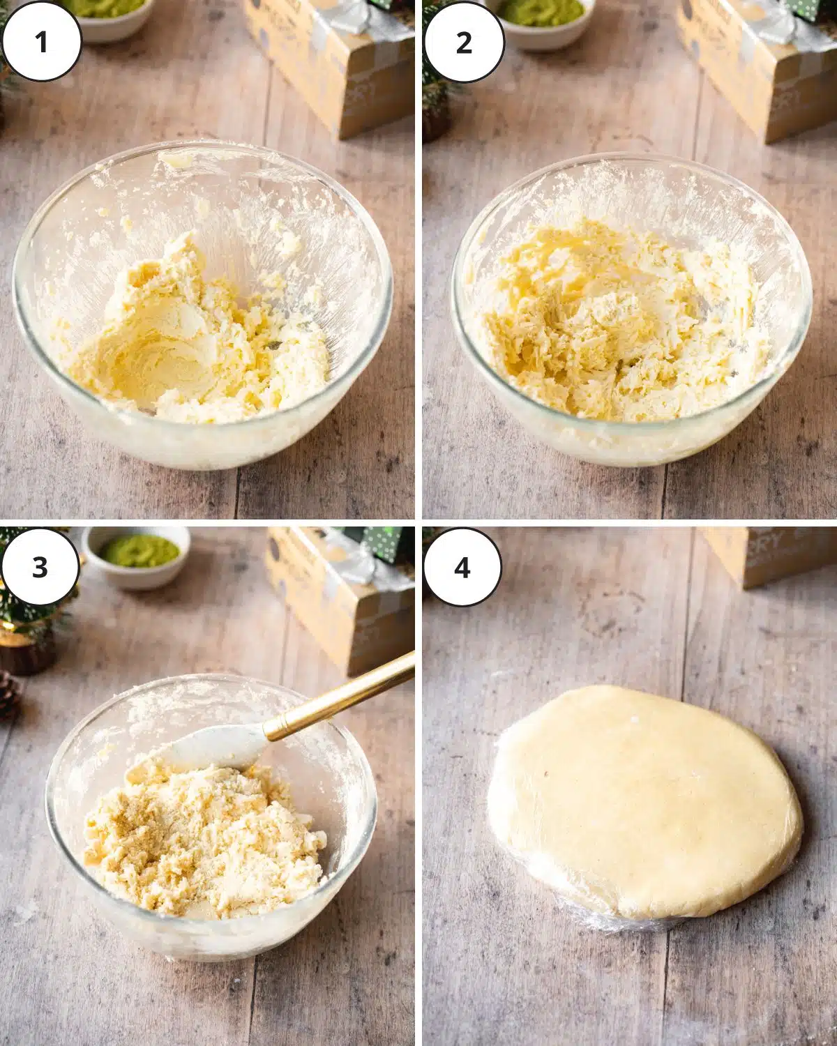 mixing sugar cookie dough in a clear bowl.