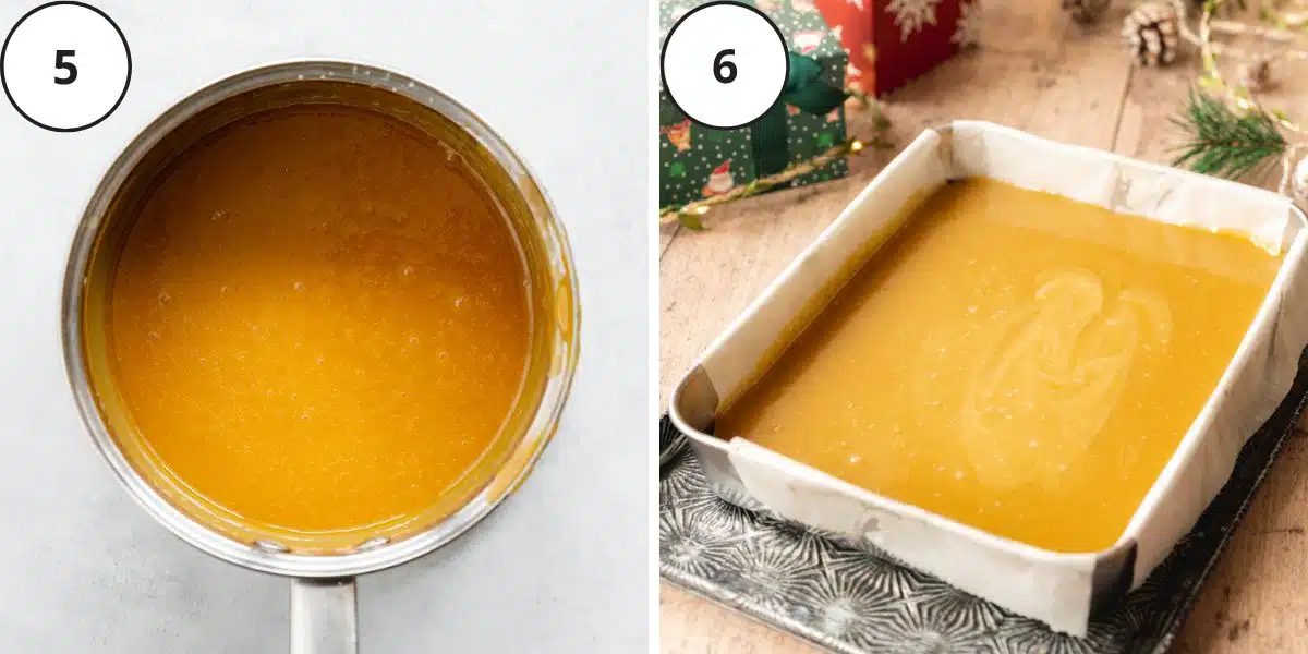 caramel in a saucepan and in a lined rectangular pan.