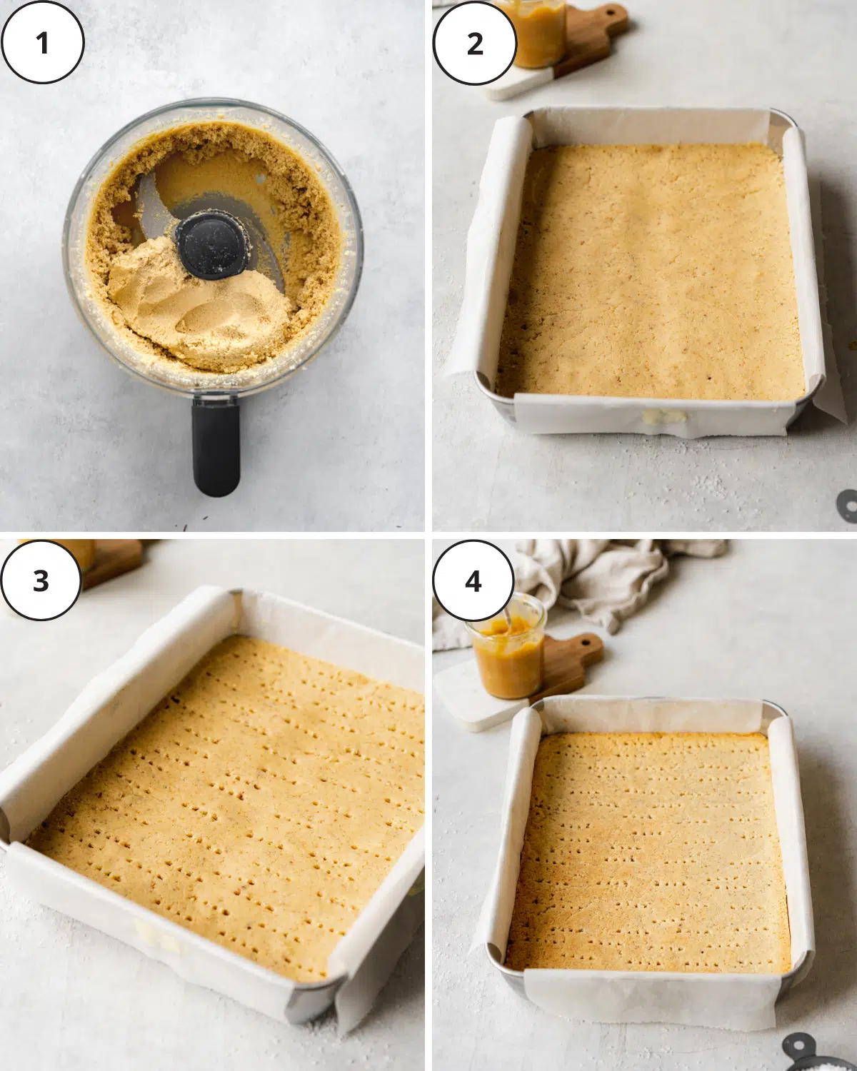 shortbread in a food processor and in a lined rectangular pan.