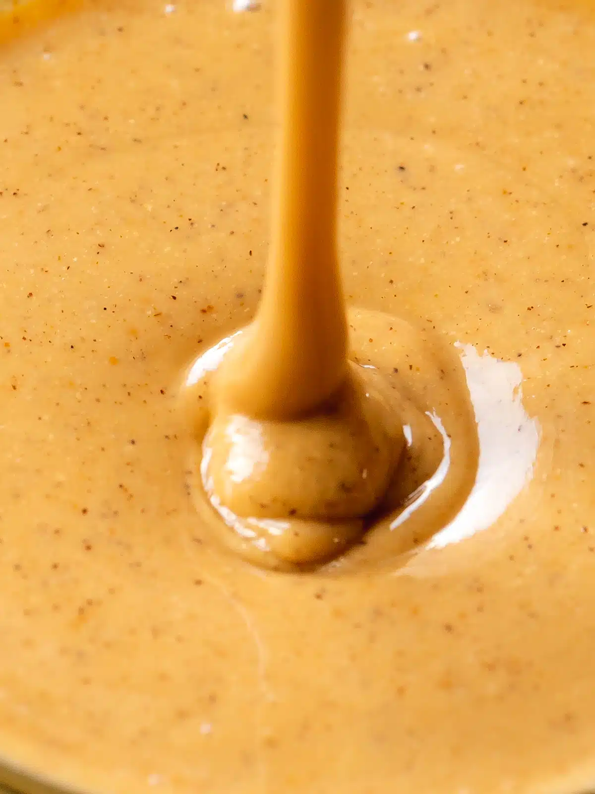 close up of creamy hazelnut butter dripping into a bowl.