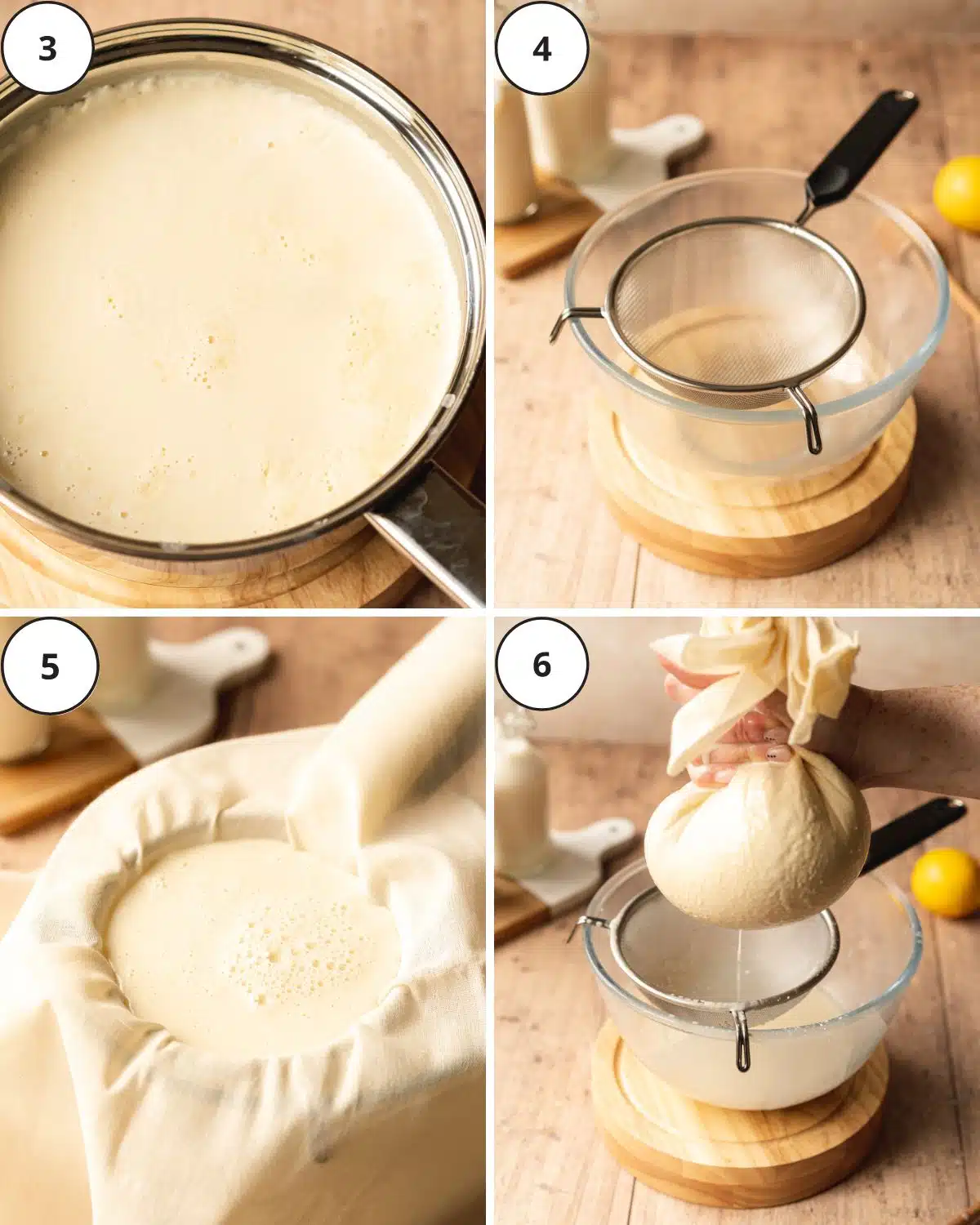 mascarpone on a saucepan and being passed through cheese cloth and strained.