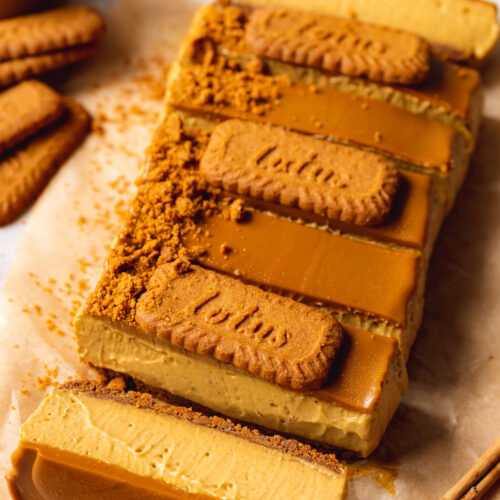 45 degree angle shot of no-bake biscoff pumpkin cheesecake bars with one tipped on its side to show the biscoff cookie crust, pumpkin cheesecake filling, and biscoff cookie spread topping.