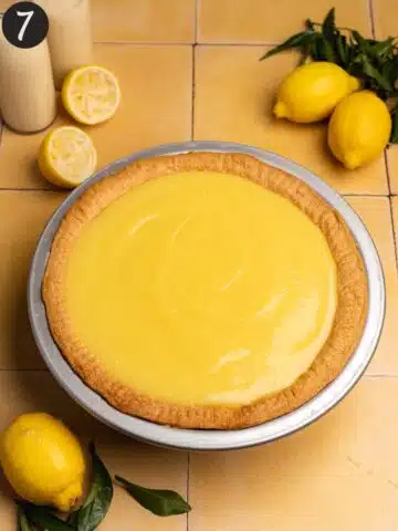 a blind baked pie crust filled with vegan lemon curd.