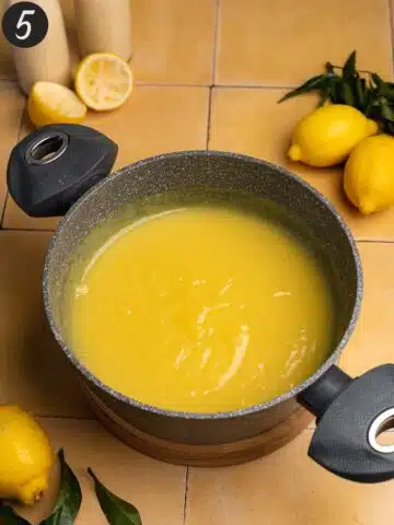 vegan lemon curd filling for meringue pie in a saucepan.