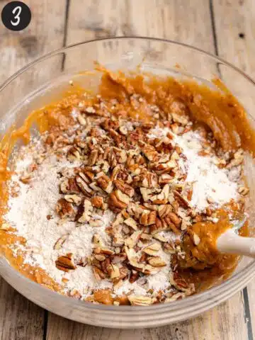 sweet potato puree, sugar, flour, and chopped pecan in a large bowl before mixing.