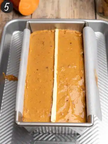 sweet potato bread batter in a loaf pan with a strip of vegan butter down the center before baking.