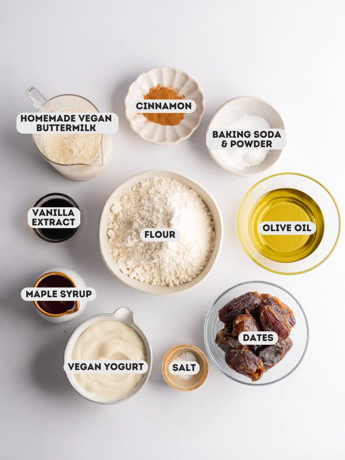 ingredients to make date muffins measured out in bowls on a gray surface with text overlay.