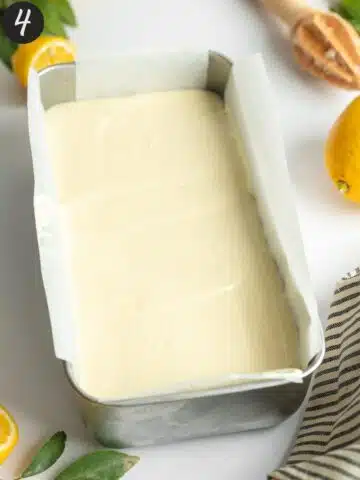 lemon cheesecake in a loaf pan before going into the fridge to set.