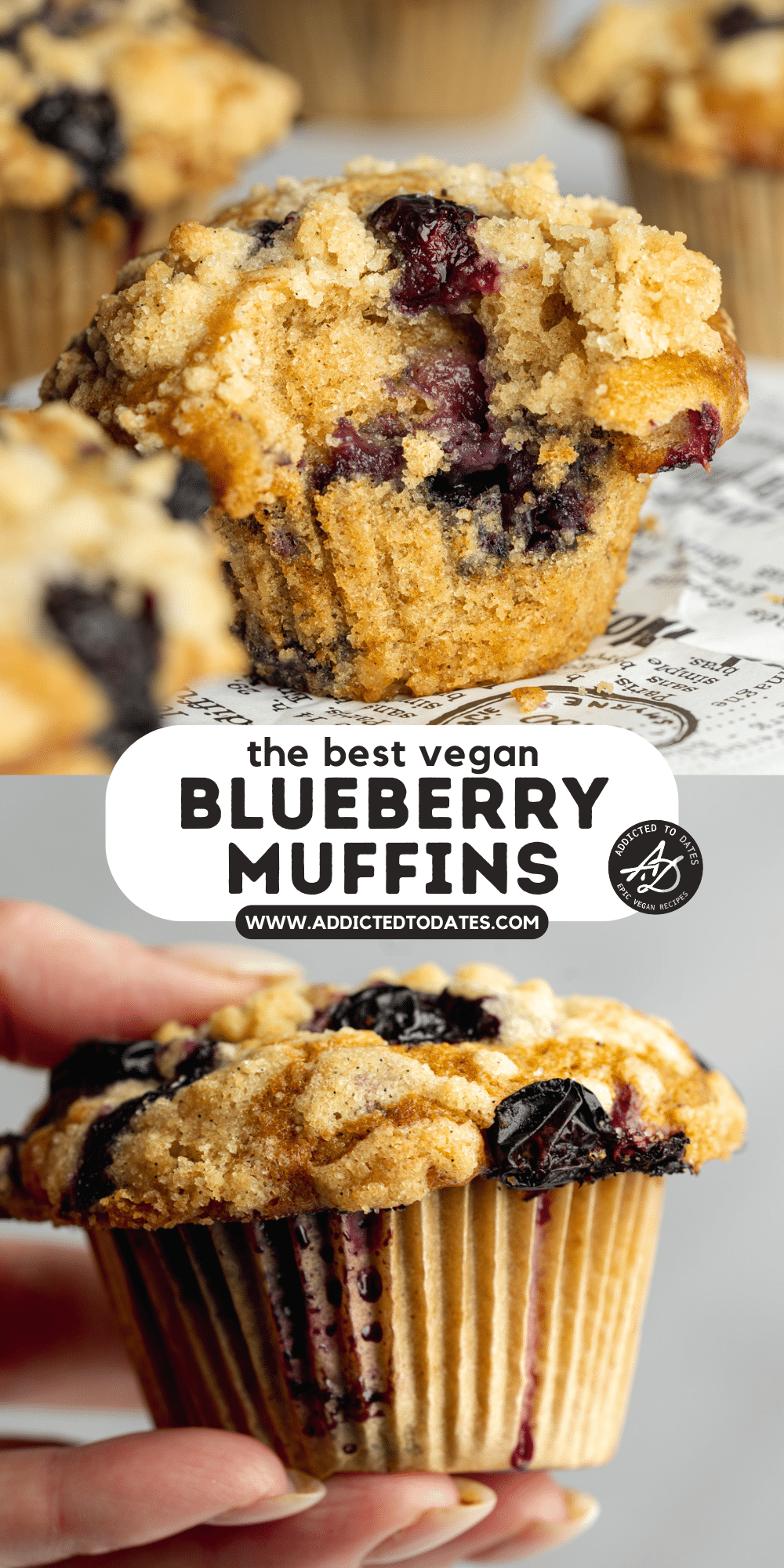 Vegan Blueberry Muffins With Vanilla Crumb Topping - Addicted to Dates