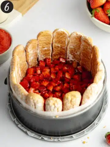a layer of chopped strawberries on top of a cookie crust in a lined cake pan.