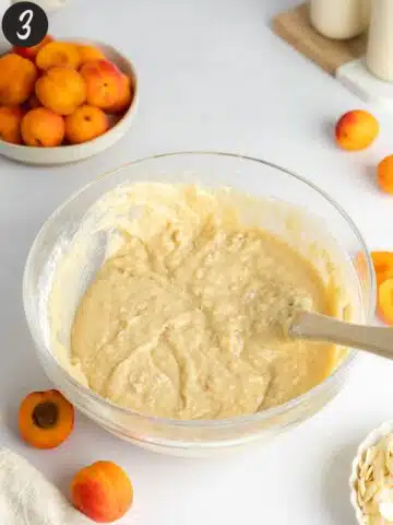 apricot cake batter in a mixing bowl with a rubber spatula.