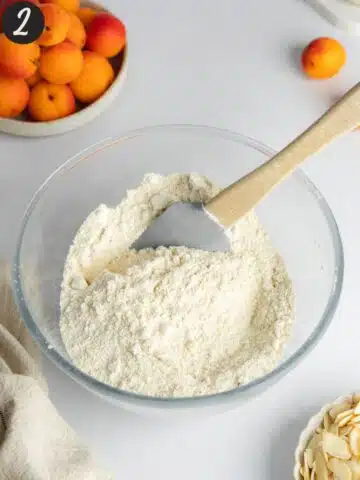 dry apricot cake ingredients mixed in a bowl.