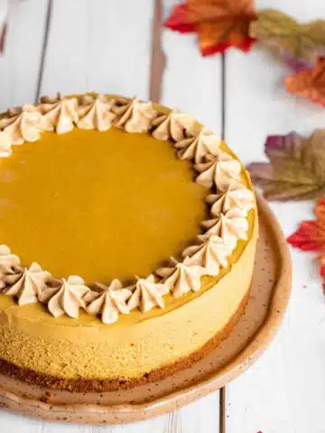 a pumpkin cheesecake on a ceramic plate with a neat circle of piped biscoff coconut cream around the outer edges.