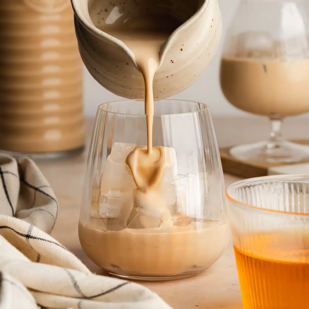 a glass with ice and baileys being poured inside.